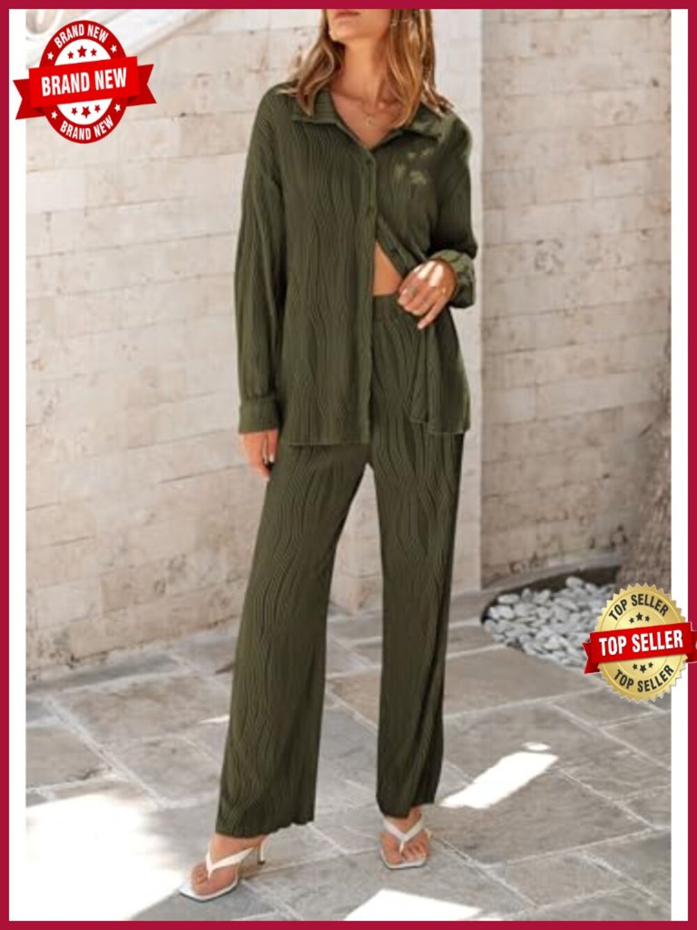 2-Piece Lounge Set, Button Down Long Sleeve Shirt with Wide Leg Pants, High - Picture 3 of 6